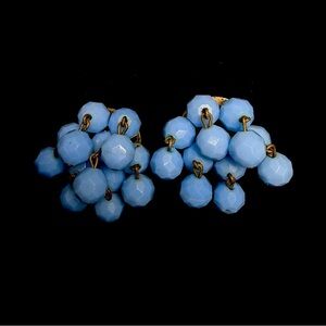 Vintage Copper Tone Clip on Drop Blue Beaded Earrings